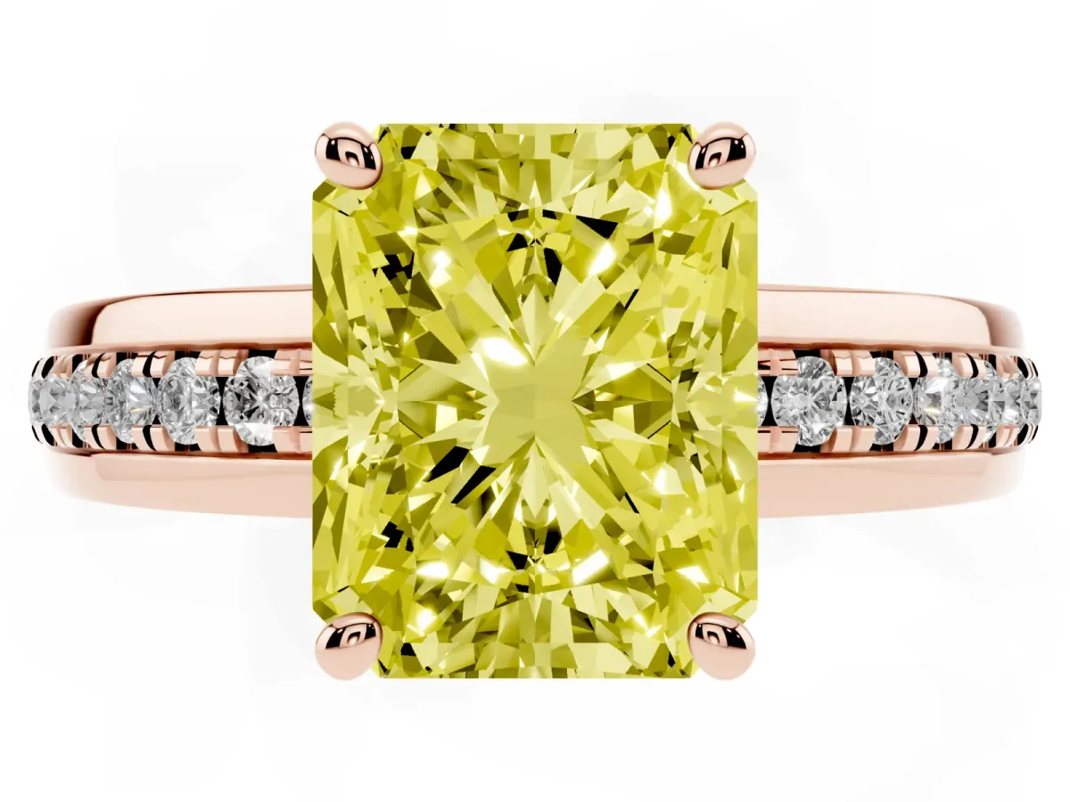 Fancy Yellow Radiant Cut Solitaire Diamond Ring with Channel Set Band and Six-Prong Setting Rose gold