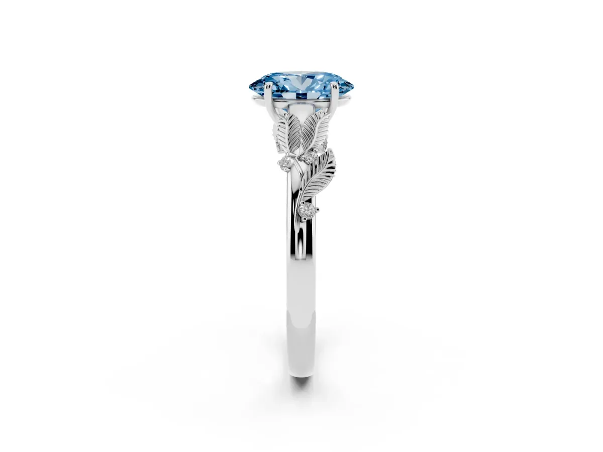 Fancy Blue Oval Cut Diamond Solitaire Ring with Leaf Motif Band and Four-Prong Setting Silver