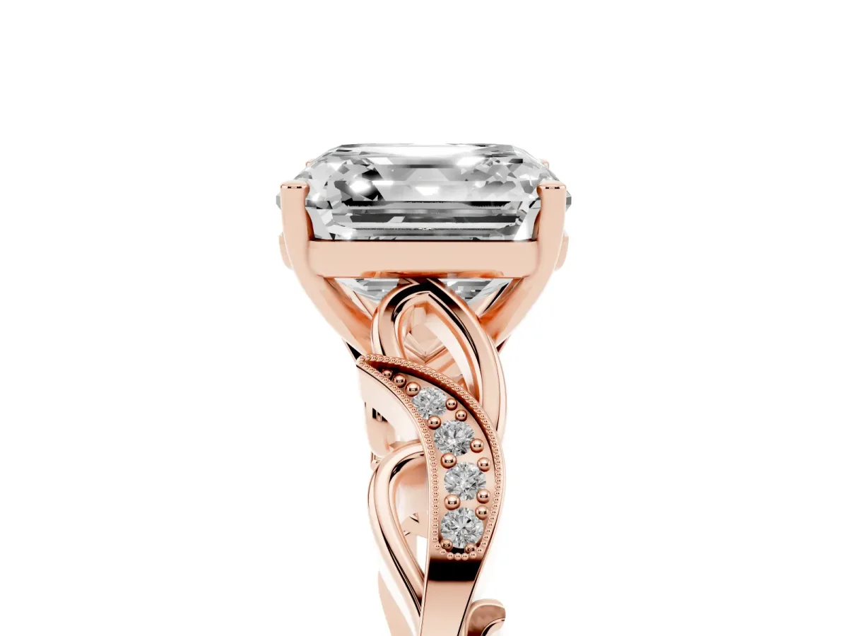 Asscher Cut Solitaire Vine Band with Milgrain Prong Setting Rose gold