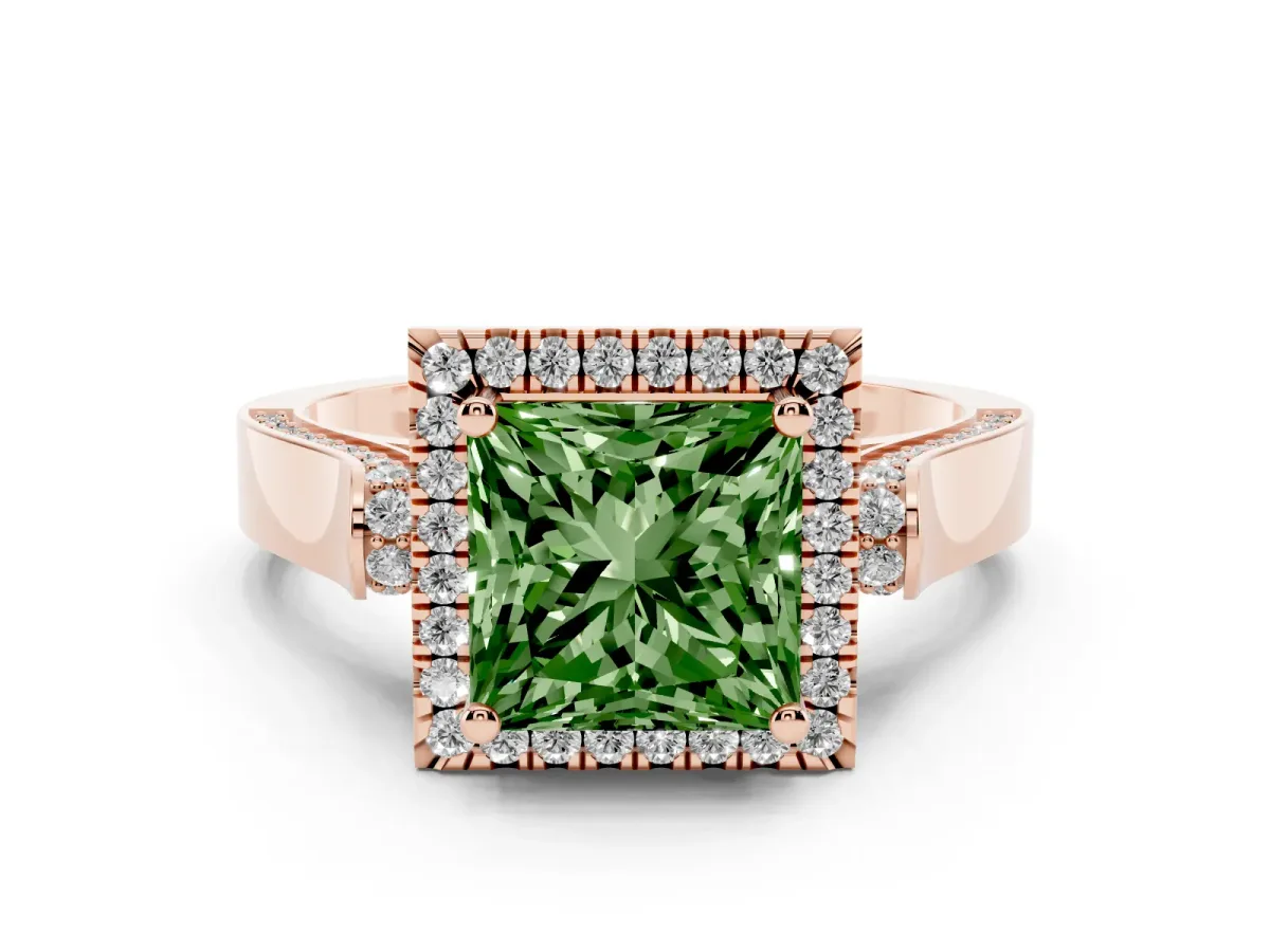 Fancy Green Princess Cut Halo Round Diamond Twist Band with Four-Prong Setting Rose gold