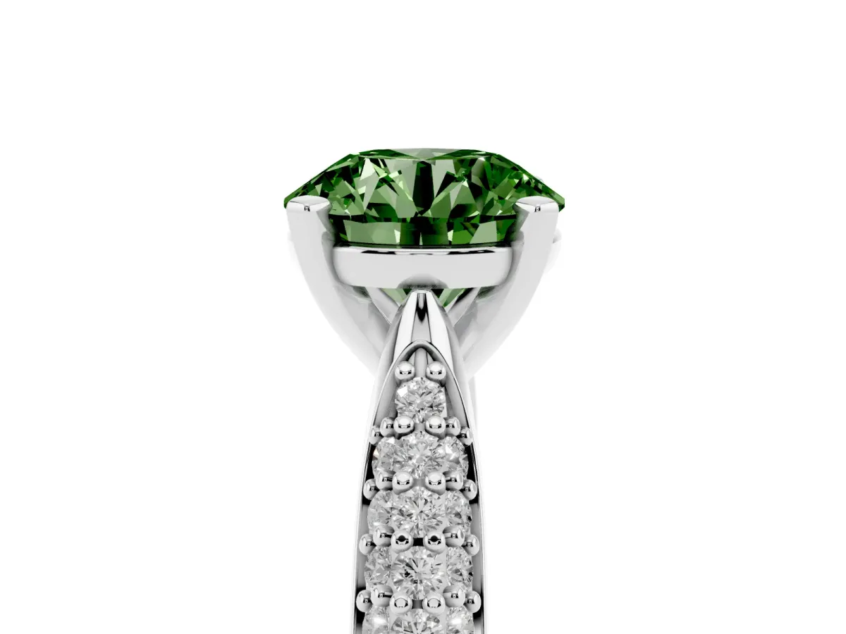Fancy Green Round Cut Diamond Solitaire Engagement Ring with Multi-Row Round Pavé Band and Prong Setting White gold
