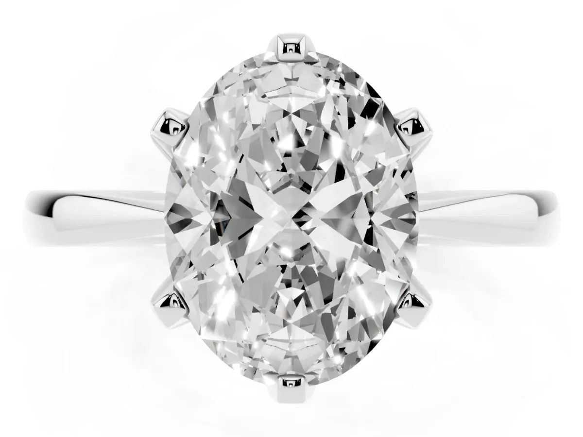 Oval Cut Solitaire Engagement Ring with Six-Prong Setting and Tapered Band Platinum