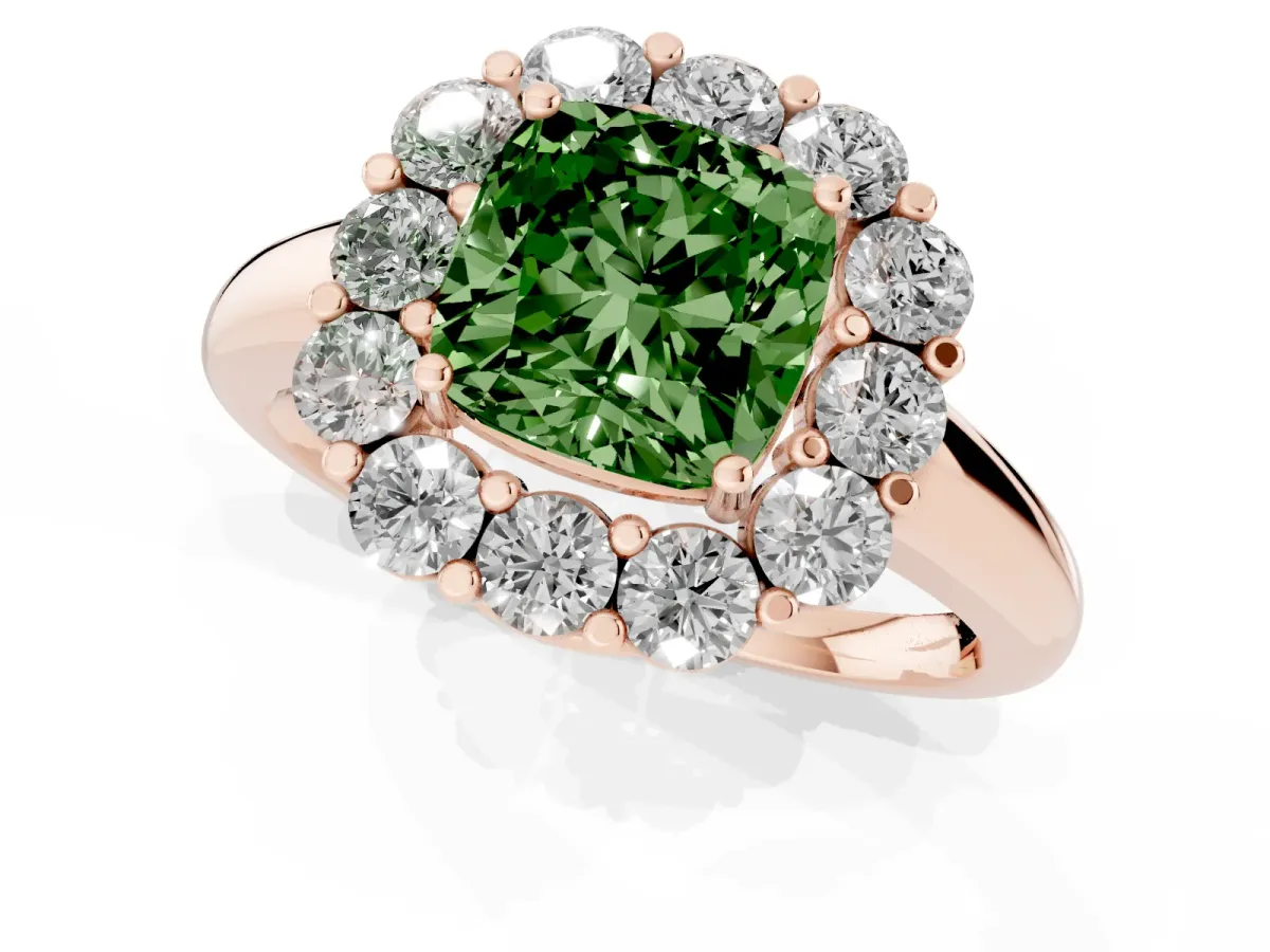 Fancy Green Cushion Cut Halo Cluster Diamond Engagement Ring with Prong Setting and Polished Band Rose gold