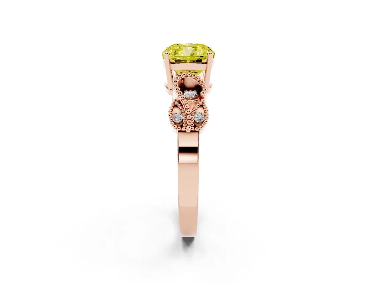 Fancy Yellow Cushion Cut Solitaire Milgrain Leaf Band with Prong Setting Rose gold
