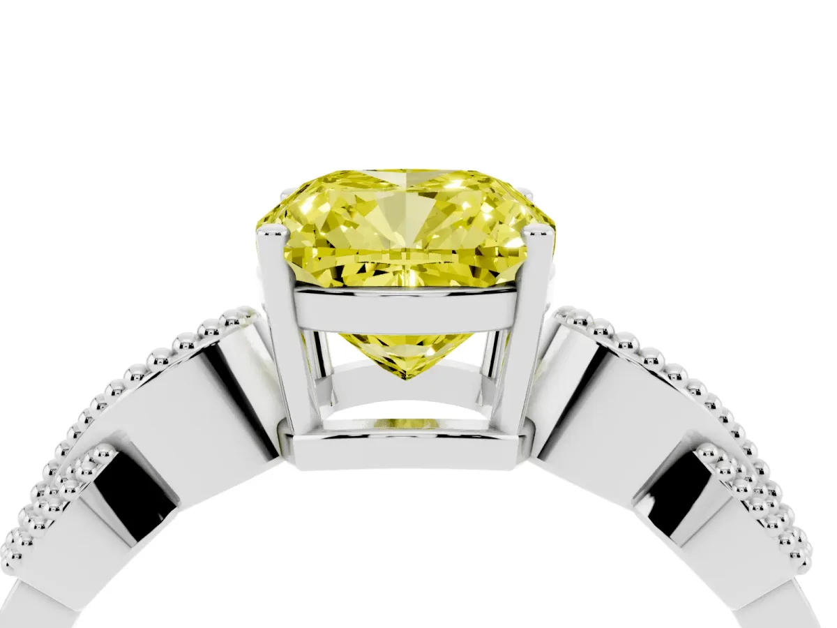 Fancy Yellow Cushion Cut Solitaire Milgrain Leaf Band with Prong Setting Platinum