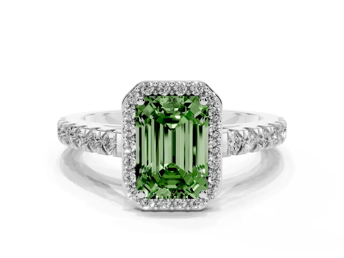 Fancy Green Emerald Cut Cut Halo Diamond Engagement Ring with Pave Band and Four-Prong Setting Platinum