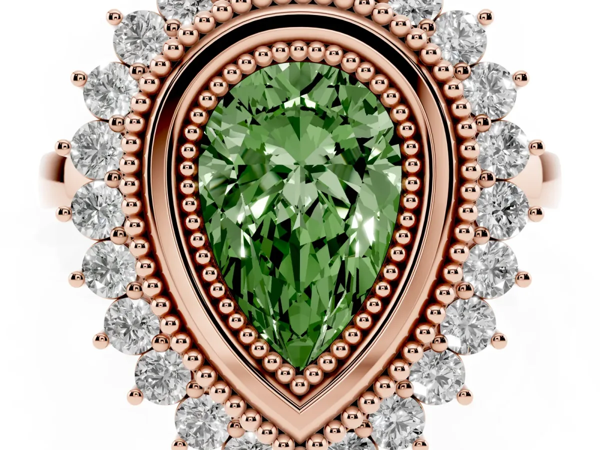 Fancy Green Pear Cut Halo Diamond Ring with Milgrain Edge and Round Prong Setting Rose gold