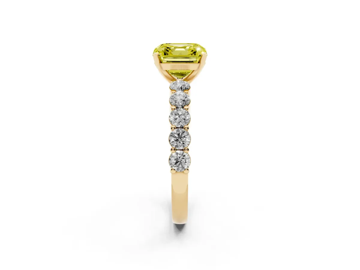 Fancy Yellow Asscher Cut Diamond Solitaire Ring with Shared Prong Round Side Stones Yellow gold