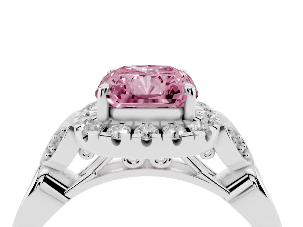 Fancy Pink Radiant Cut Halo Diamond Engagement Ring with Vintage-Inspired Band and Four-Prong Setting Platinum