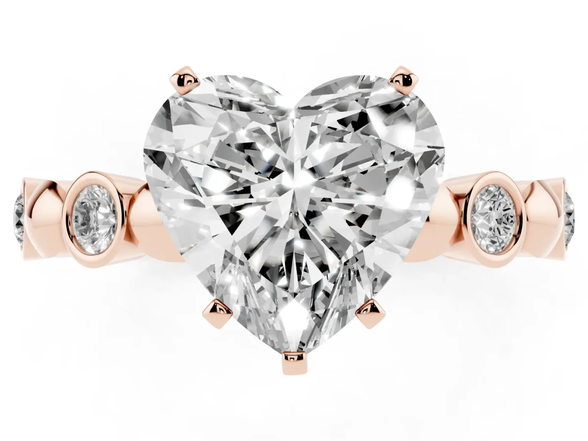 Heart Cut Solitaire Bezel-Set Diamond Ring with Beaded Band and Four-Prong Setting Rose gold