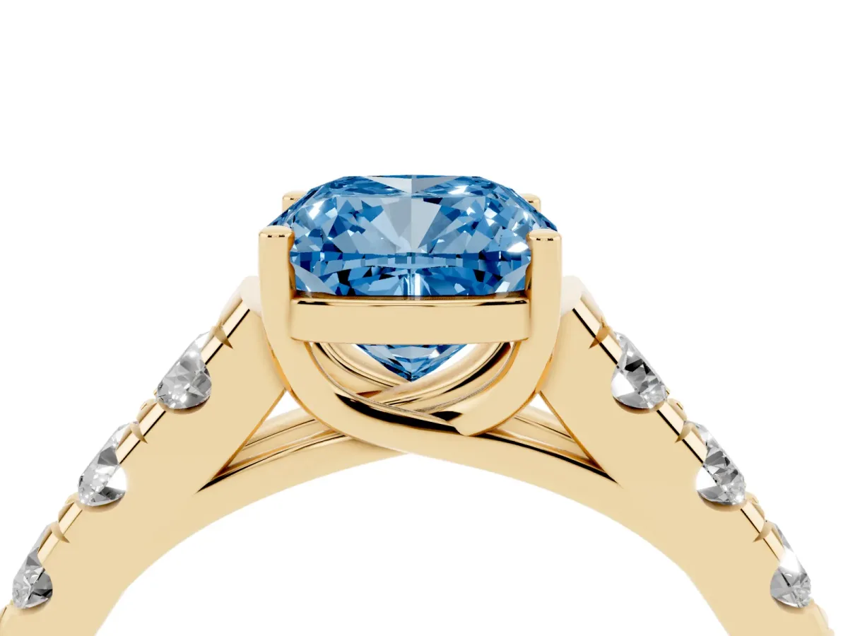 Fancy Blue Cushion Cut Cut Diamond Solitaire Ring with Micro Pave Band and Prong Setting Yellow gold