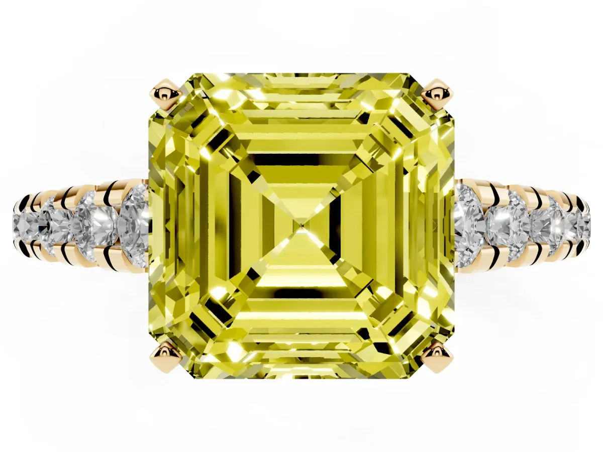 Fancy Yellow Asscher Cut Diamond Cathedral Solitaire Ring with Round Pavé Band Yellow gold