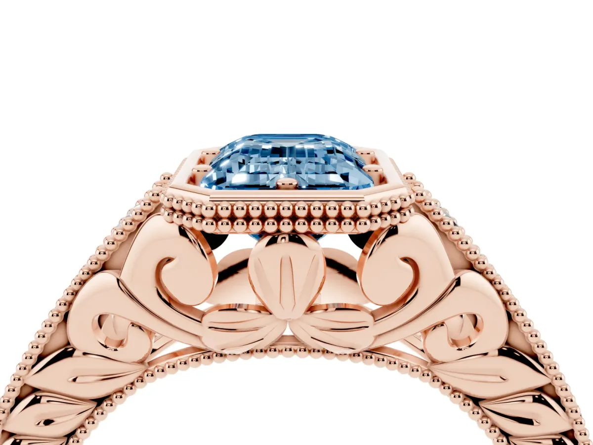 Fancy Blue Bezel Set Emerald Cut Diamond Milgrain Pave Engagement Ring Rose gold