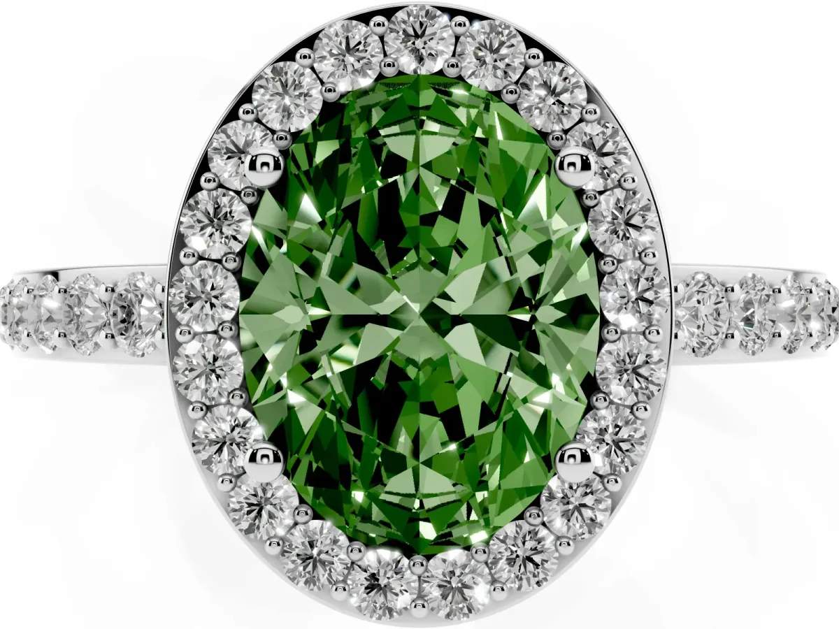 Fancy Green Oval Cut Halo Diamond Pavé Band Ring with Prong Setting Silver