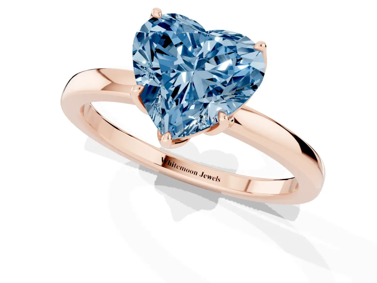 Fancy Blue Heart Cut Diamond Solitaire Ring with Thin Band and Prong Setting Rose gold