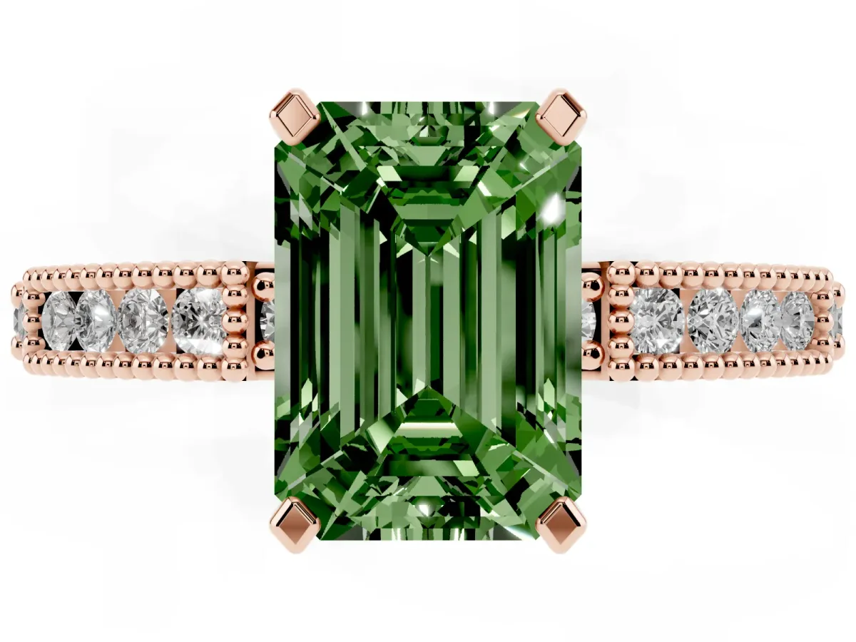Fancy Green Emerald Cut Solitaire with Pavé Band and Four-Prong Setting Rose gold
