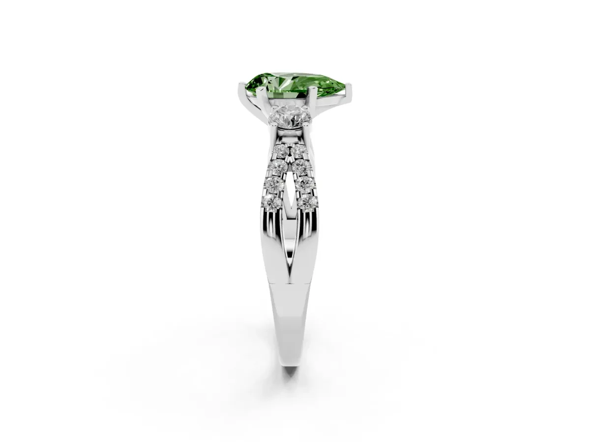 Fancy Green Pear Cut Diamond Three-Stone Ring with Pavé Split Shank and Four-Prong Setting Platinum