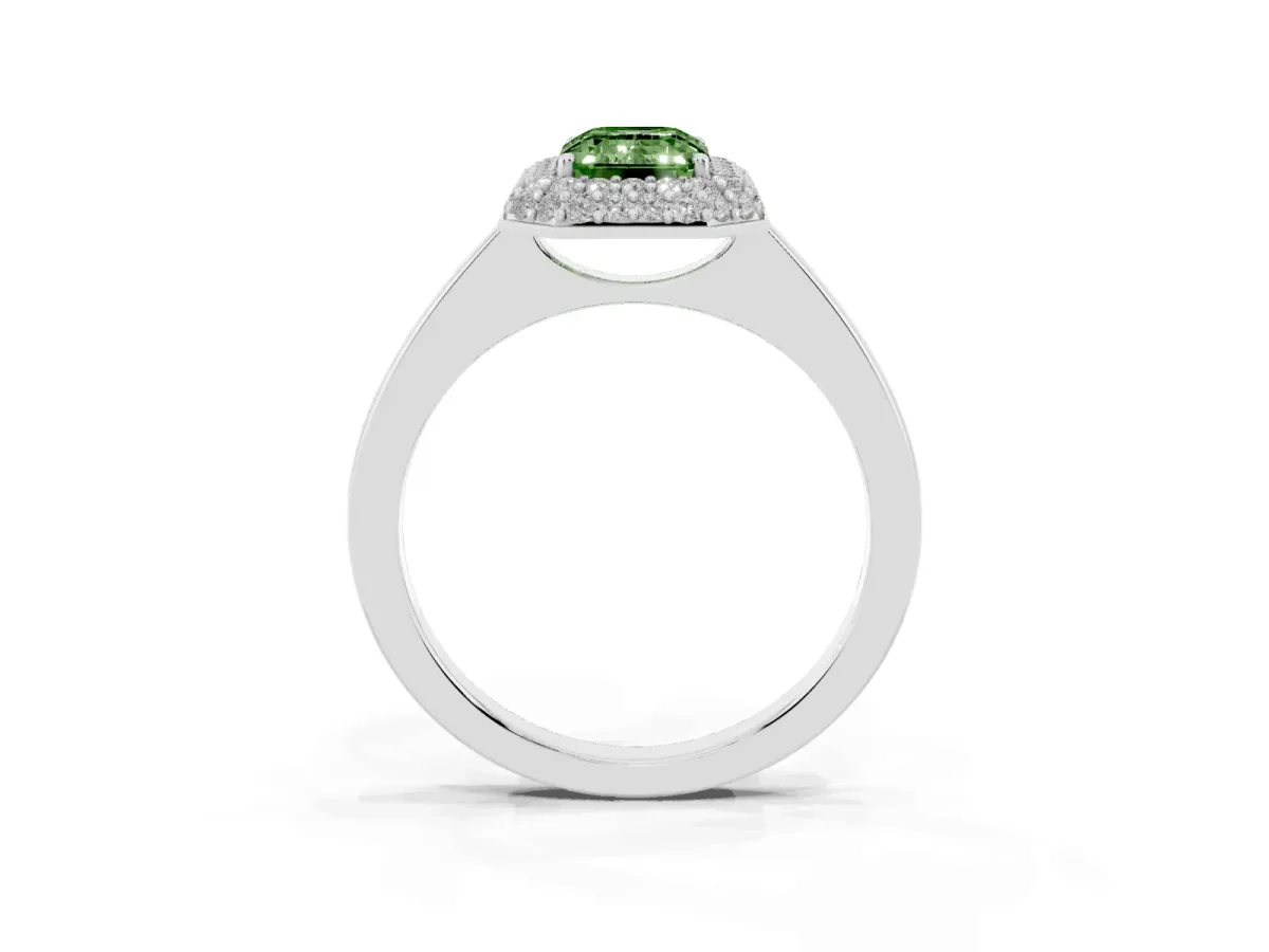 Fancy Green Emerald Cut Halo Diamond Engagement Ring with Solitaire Band and Four-Prong Setting Silver
