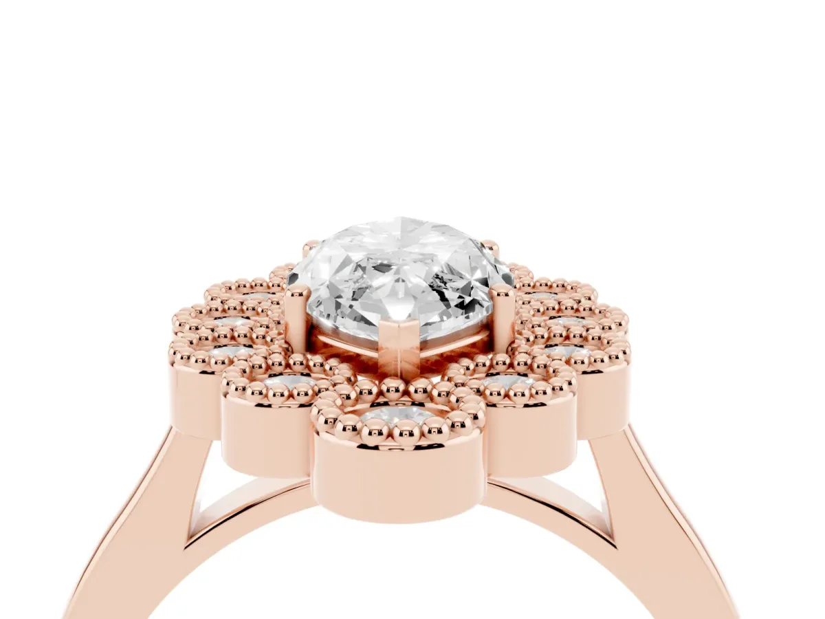 Marquise Cut Halo Diamond Cluster Engagement Ring with Milgrain Bezel Setting and Solitaire Band Rose gold