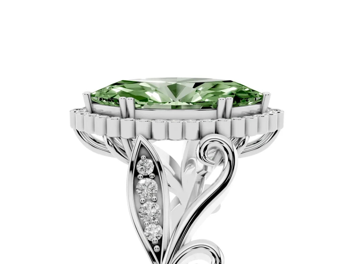 Fancy Green Marquise Cut Diamond Halo Ring with Vintage Split Shank and Four-Prong Setting Silver