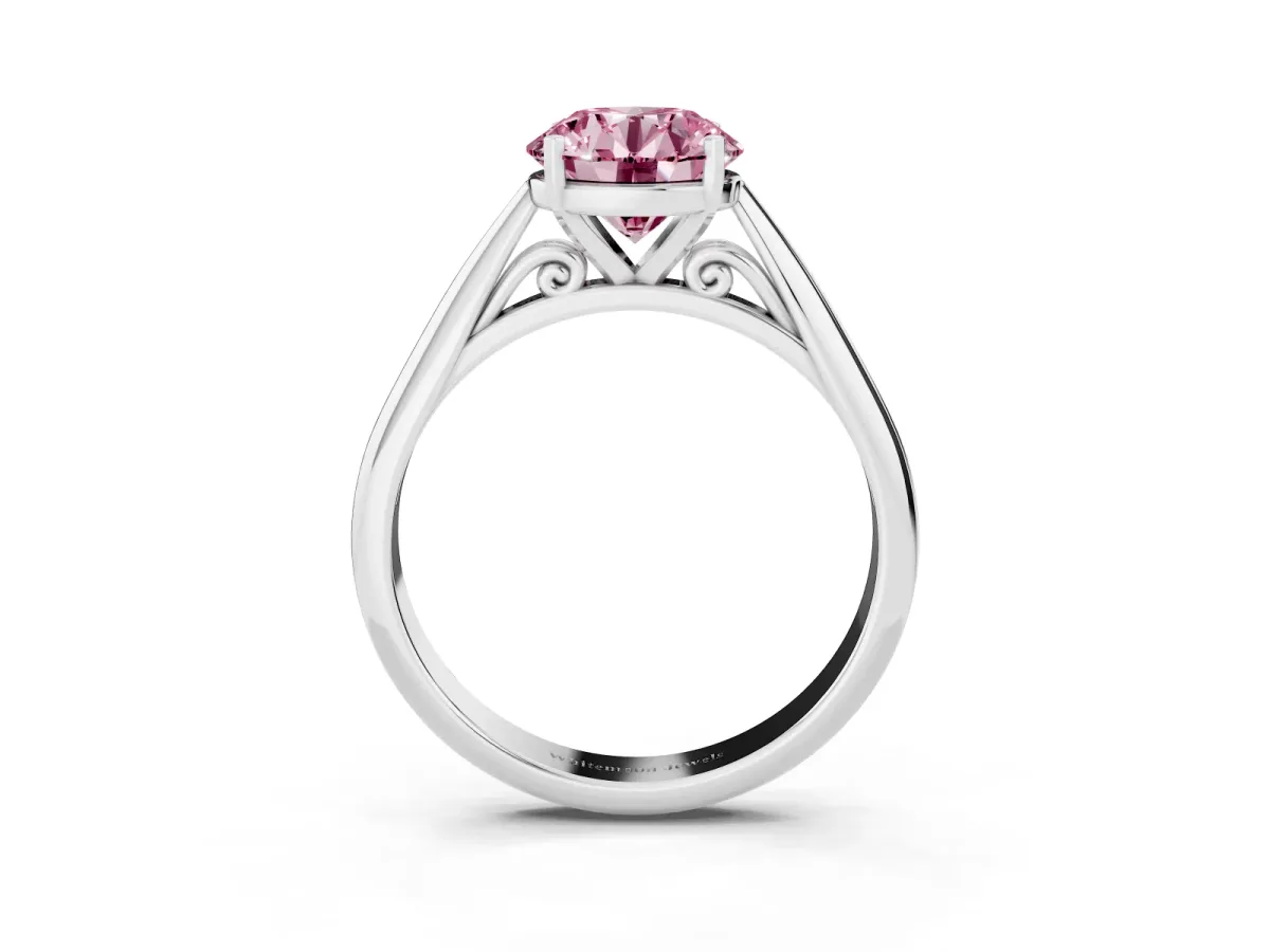 Fancy Pink Round Cut Diamond Solitaire Engagement Ring with Cathedral Setting and Four-Prong Mount Silver