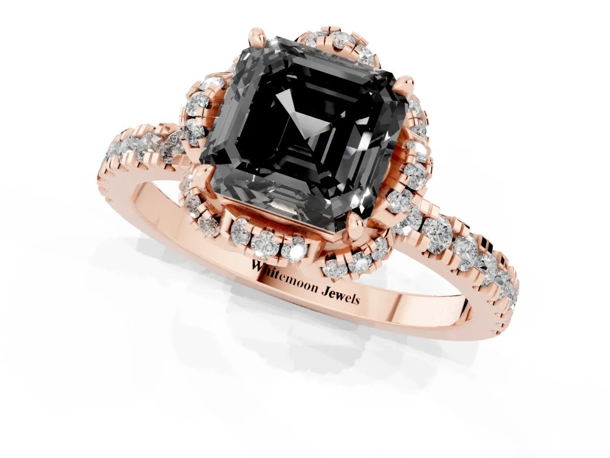 Fancy Black Asscher Cut Diamond Halo Pave Band with Four-Prong Setting Rose gold