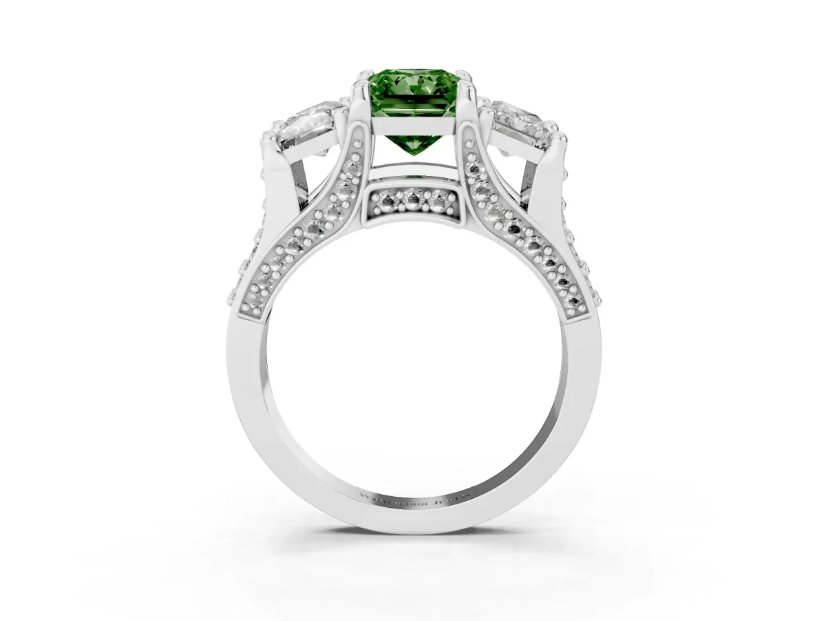 Fancy Green Radiant Cut Diamond Three-Stone Ring with Channel Set Band and Four-Prong Setting Silver