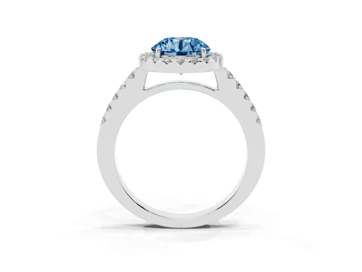 Fancy Blue Round Cut Halo Diamond Pavé Solitaire Ring Platinum