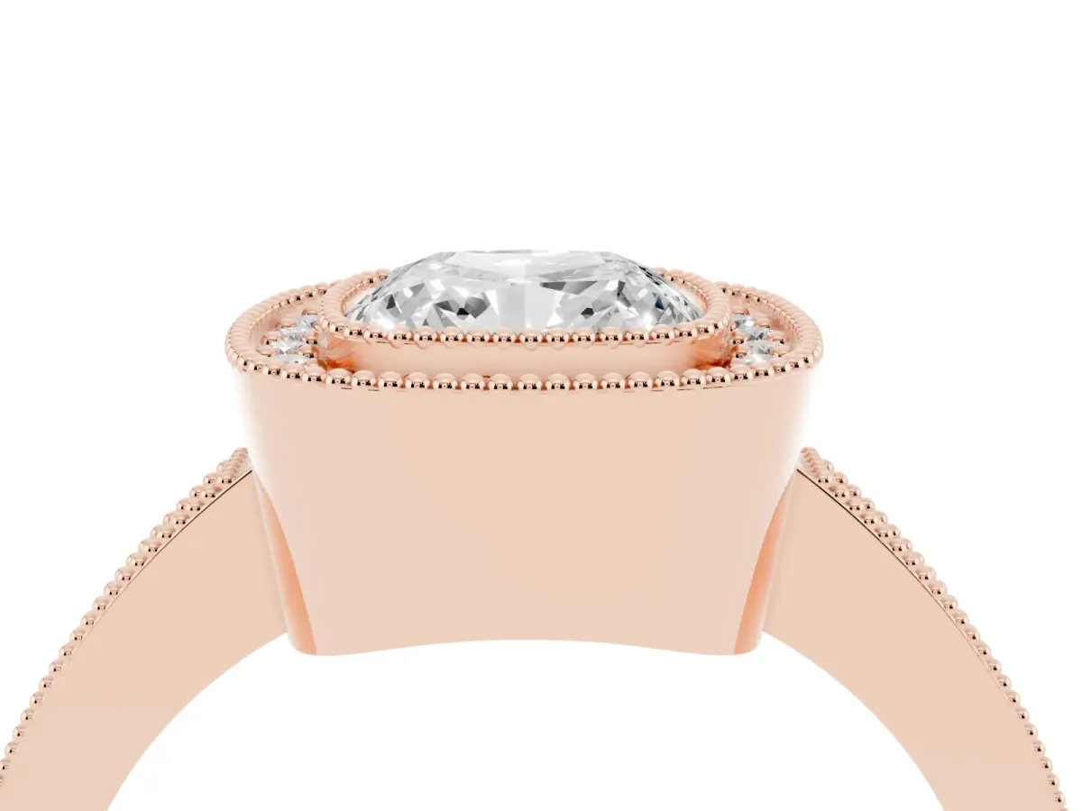 Cushion Cut-Cut Diamond Halo Engagement Ring with Pave Band and Prong Setting Rose gold