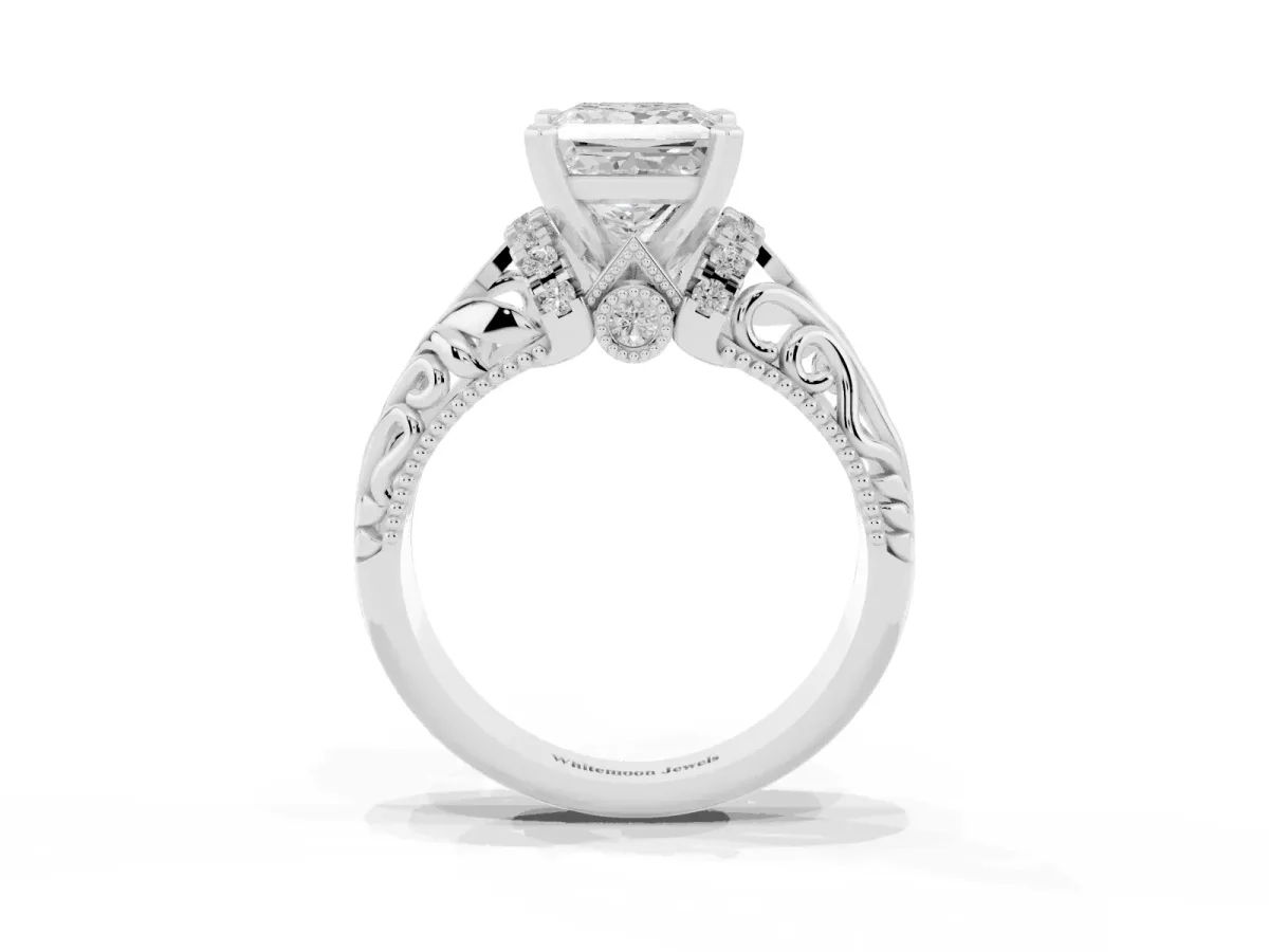 Princess Cut Solitaire Filigree Engagement Ring with Halo and Prong Setting Silver