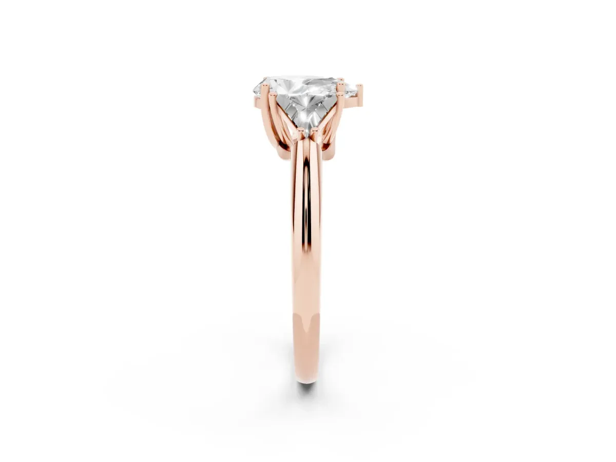 Three-Stone Pear Cut Diamond Engagement Ring with Trillion Side Stones and Prong Setting Rose gold