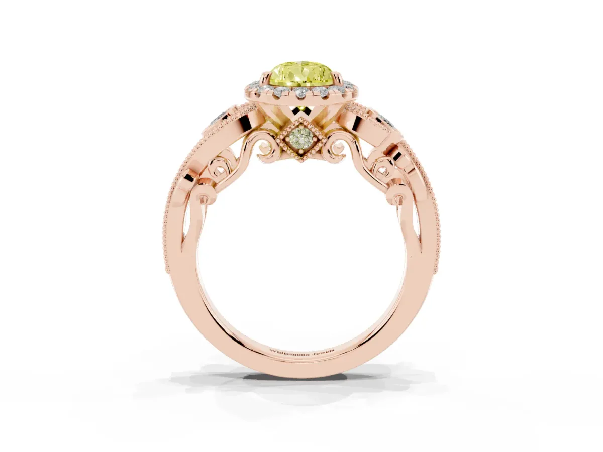 Fancy Yellow Pear Cut Halo Diamond Ring with Milgrain and Bezel Accents on a Split Shank Band Rose gold