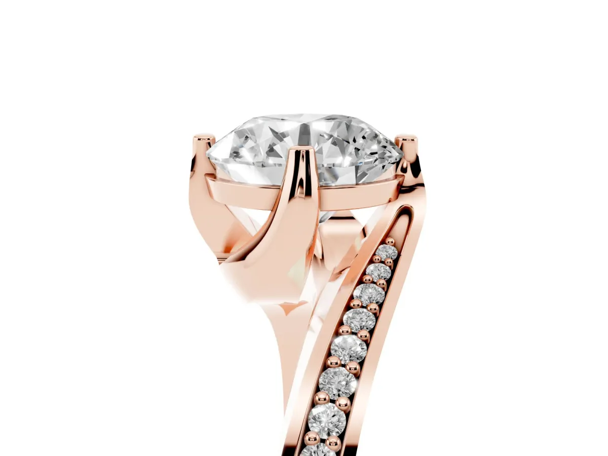 Round Cut Solitaire Diamond Twist Band with Pavé Setting and Four-Prong Setting Rose gold