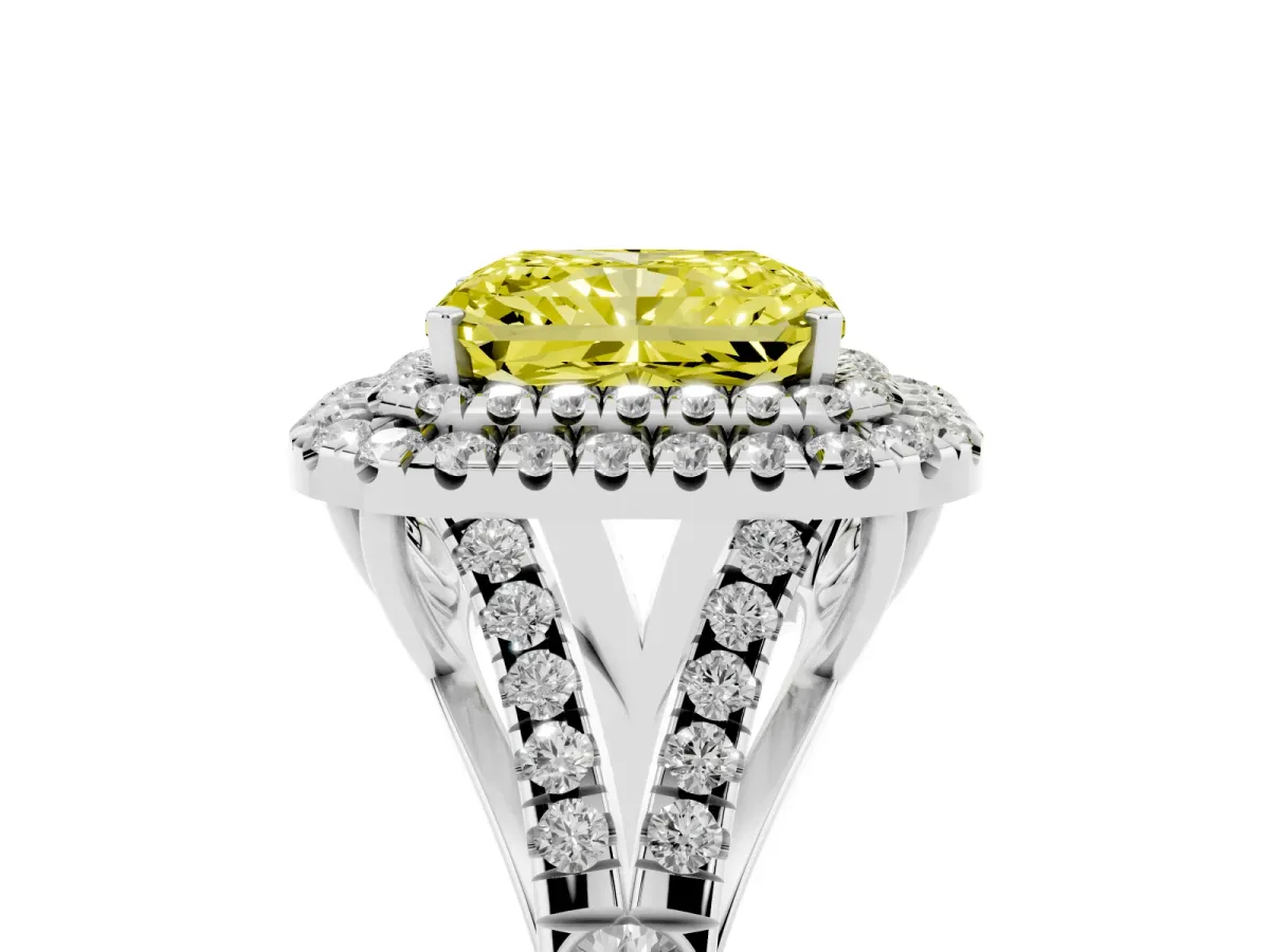 Fancy Yellow Radiant Cut Cut Double Halo Split Shank Diamond Ring with Prong Setting White gold