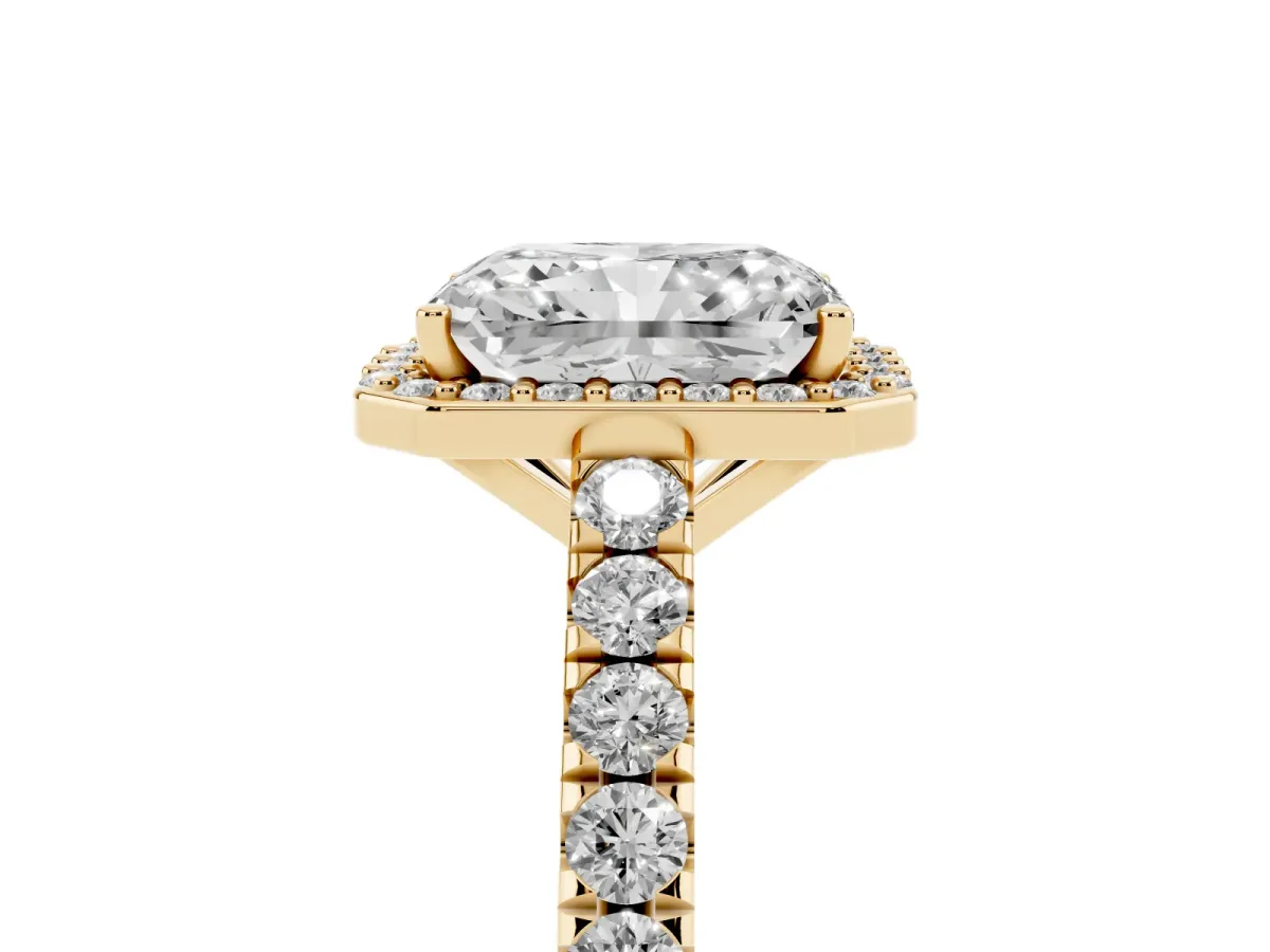 Radiant Cut Cut Halo Diamond Engagement Ring with Pave Band and Four-Prong Setting Yellow gold