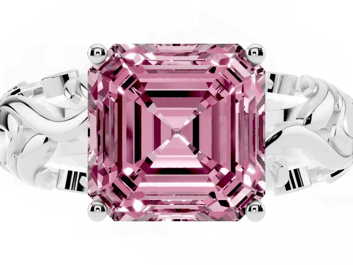 Fancy Pink Asscher Cut Solitaire Diamond Leaf-Inspired Vine Band Ring with Prong Setting Silver