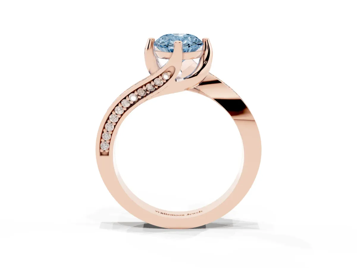 Fancy Blue Oval Cut Solitaire Diamond Twist Band with Pavé Setting and Four-Prong Setting Rose gold
