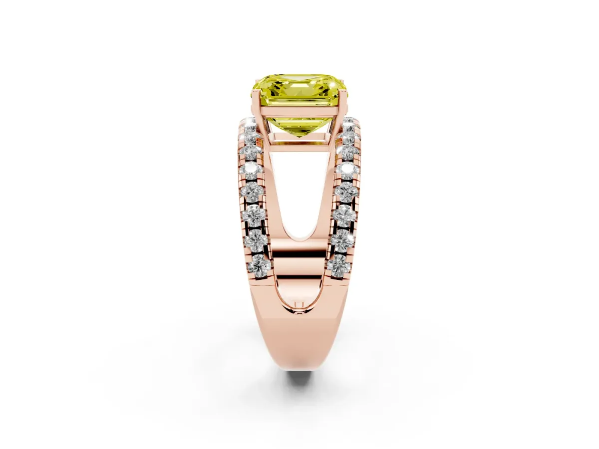 Fancy Yellow Asscher Cut Solitaire Split Shank Pave Diamond Ring Rose gold