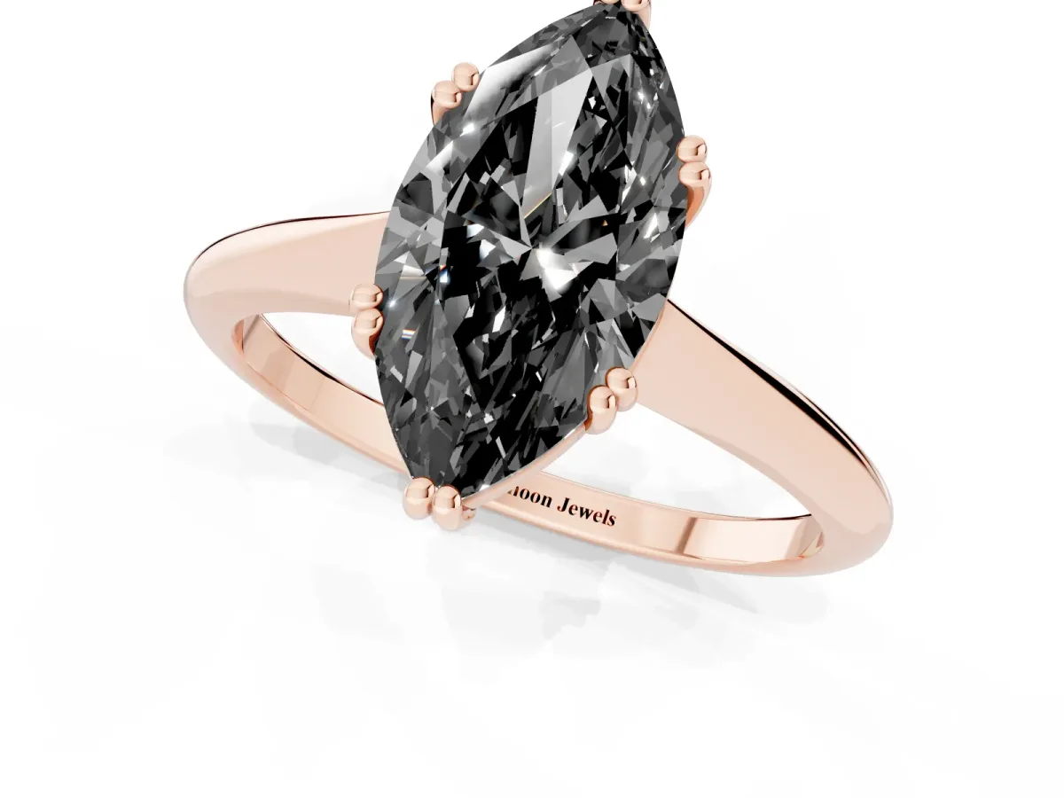 Fancy Black Marquise Cut Solitaire Diamond Ring with Six-Prong Setting and Classic Band Rose gold