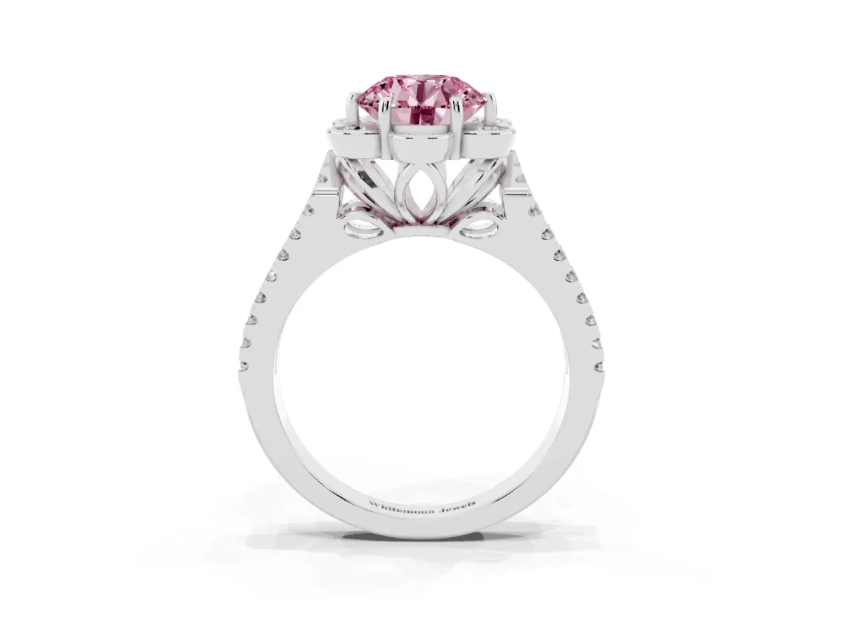 Fancy Pink Round Cut Halo Diamond Floral Split Shank Engagement Ring Silver