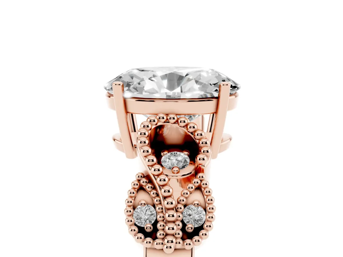 Oval Cut Solitaire Milgrain Leaf Band with Prong Setting Rose gold