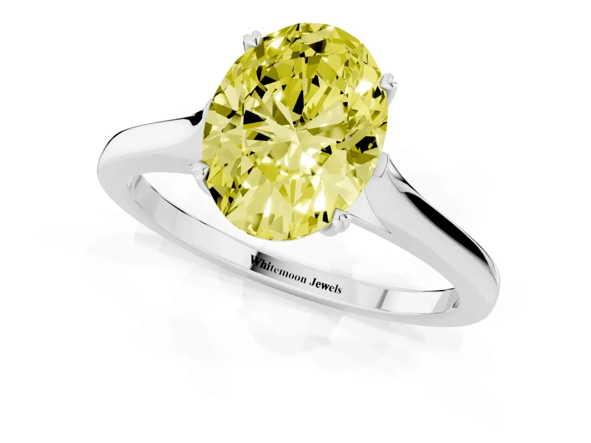 Fancy Yellow Oval Cut Solitaire Heart Prong Engagement Ring with Tapered Band Silver