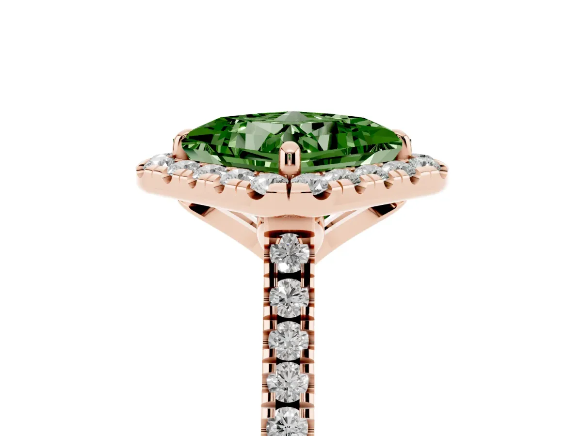 Fancy Green Princess Cut Diamond Cushion Halo Ring with Pavé Band Rose gold