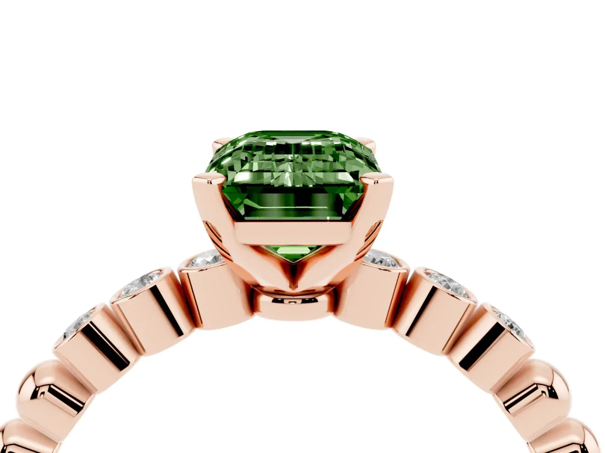 Fancy Green Emerald Cut Solitaire Bezel Accent Diamond Engagement Ring with Beaded Band and Four-Prong Setting Rose gold