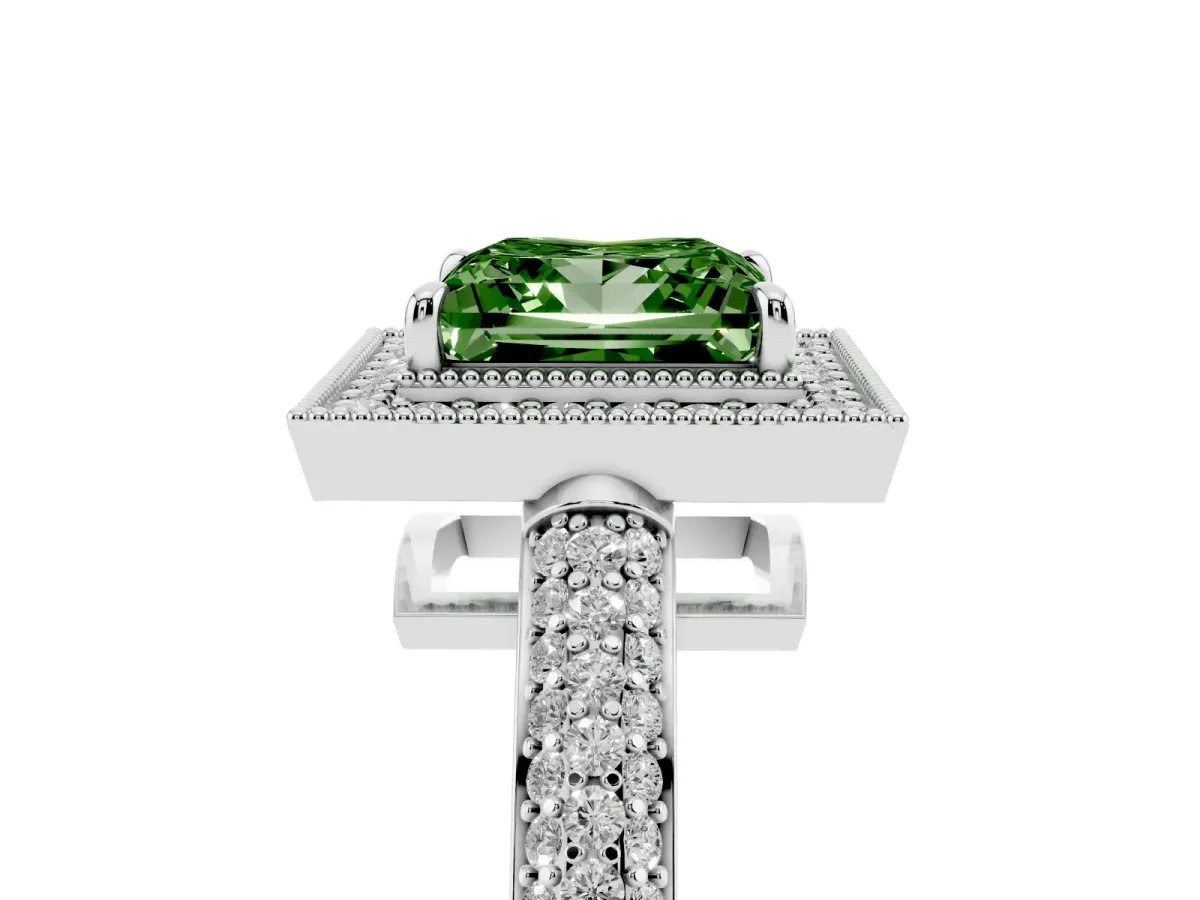 Fancy Green Princess Cut Cut Halo Diamond Pave Band with Four-Prong Setting Platinum