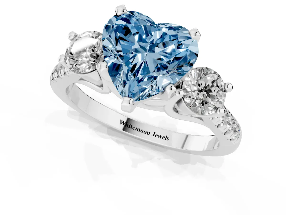 Fancy Blue Three-Stone Heart Cut Diamond Pavé Band with Four-Prong Setting Silver