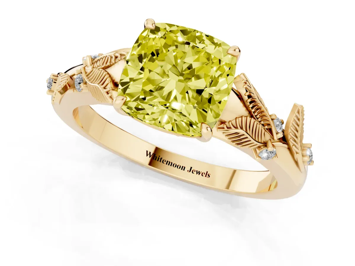 Fancy Yellow Cushion Cut Diamond Solitaire Ring with Leaf Motif Band and Four-Prong Setting Yellow gold