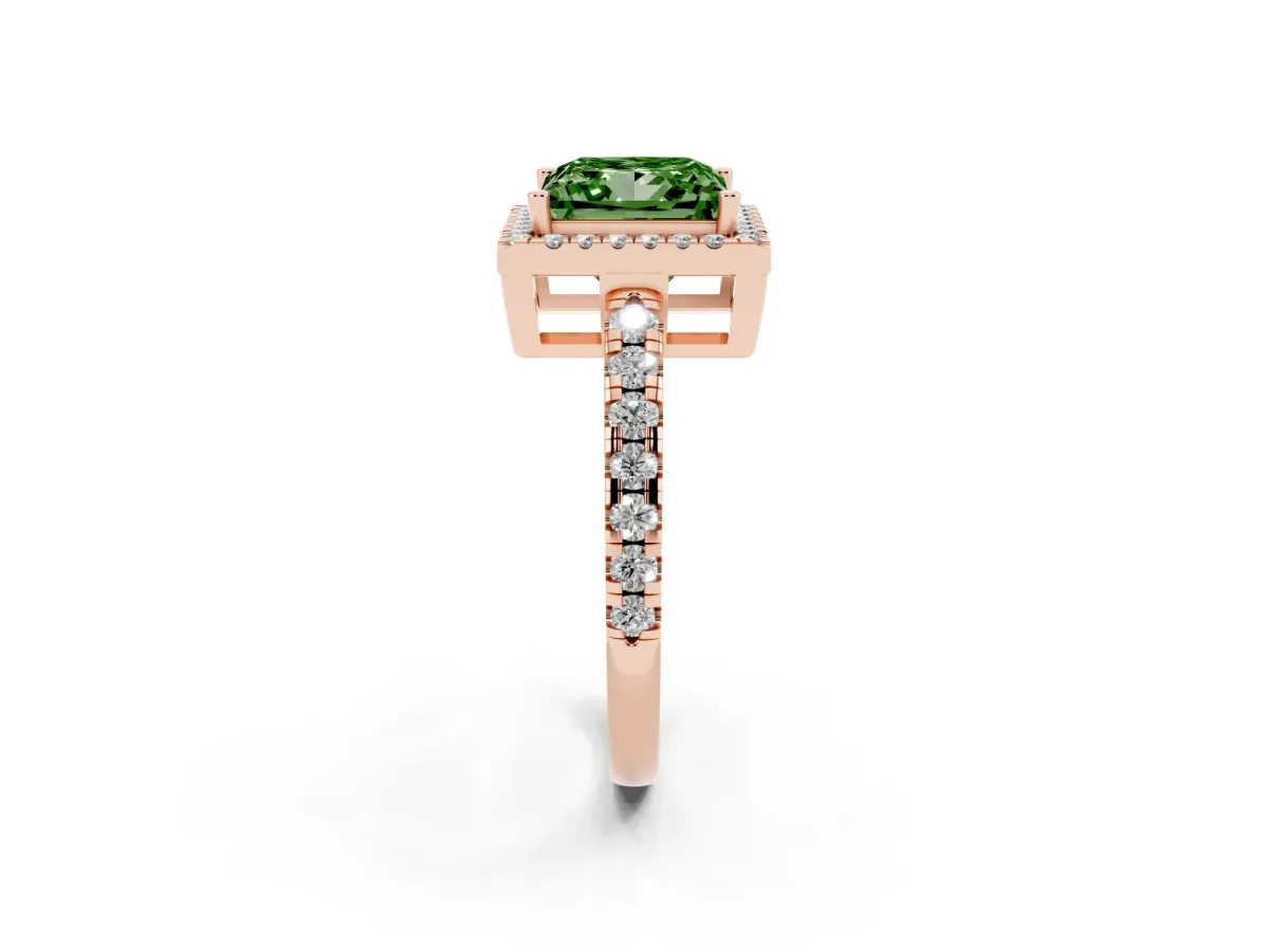 Fancy Green Princess Cut Diamond Halo Ring with Pavé Band and Four-Prong Setting Rose gold