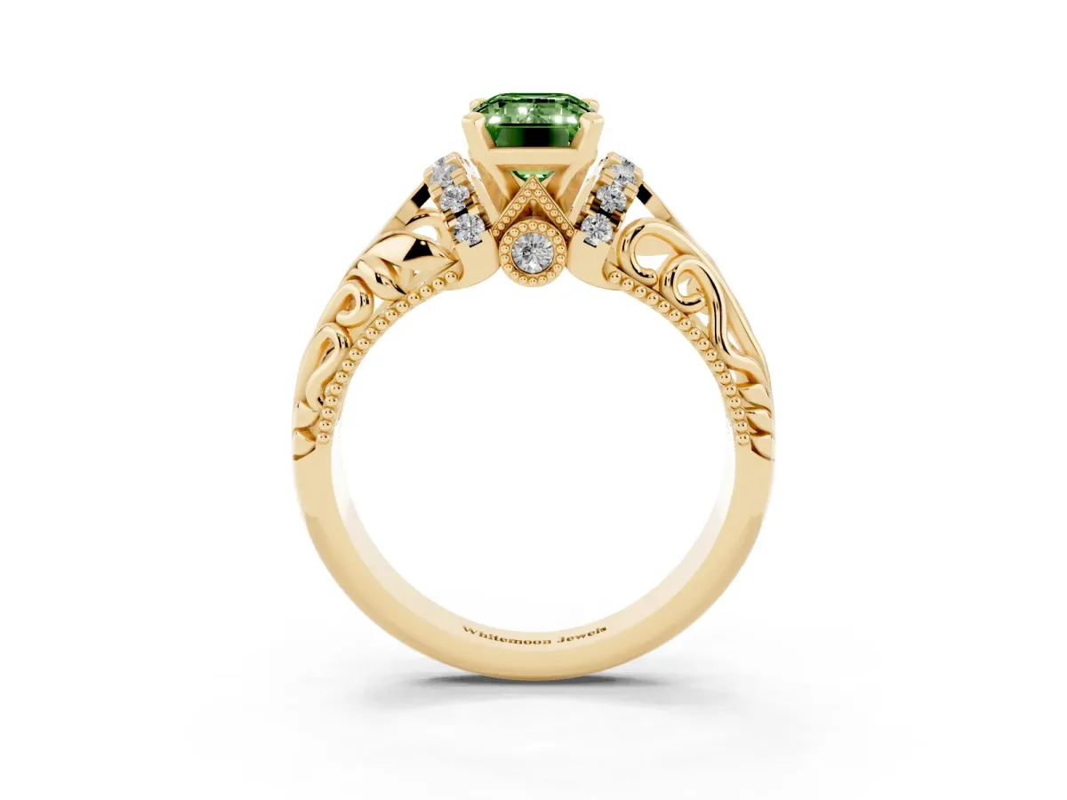 Fancy Green Emerald Cut Solitaire Filigree Engagement Ring with Halo and Prong Setting Yellow gold
