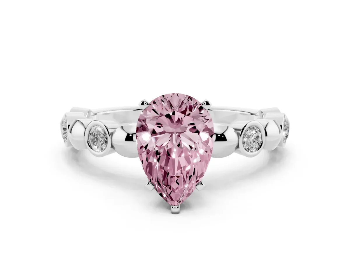 Fancy Pink Pear Cut Solitaire Bezel-Set Diamond Ring with Beaded Band and Four-Prong Setting Silver